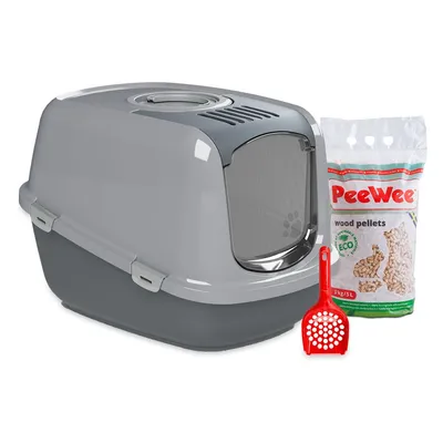 Szara kuweta z klapką, czerwona łopatka i worek żwirku PeeWee wood pellets 3 kg/5 l widoczne na opakowaniu.