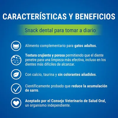 Características y beneficios: snack dental para gatos adultos, textura crujiente y porosa, con calcio y taurina, sin colorantes añadidos, reduce sarro, aceptado por Consejo Veterinario de Salud Oral.
