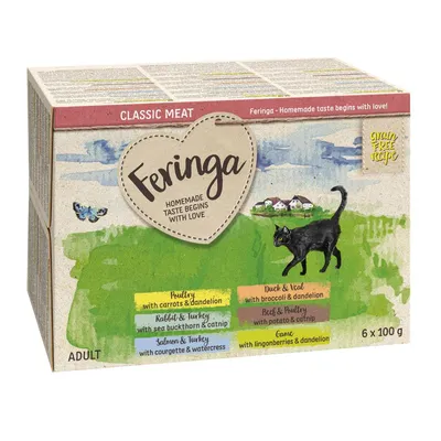 Confezione Feringa Classic Meat per gatti adulti, 6 x 100 g. Visibili vari gusti: pollo, anatra e vitello, coniglio e tacchino, salmone e tacchino, selvaggina. Testo in inglese.