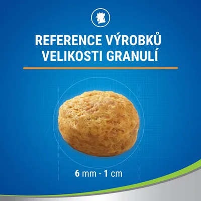 Referenčná veľkosť granuly: priemer 6 mm – 1 cm. Text na obrázku: REFERENCE VÝROBKŮ VELIKOSTI GRANULÍ.