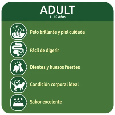 ADULT 1–10 años. Pelo brillante y piel cuidada, fácil de digerir, dientes y huesos fuertes, condición corporal ideal, sabor excelente.