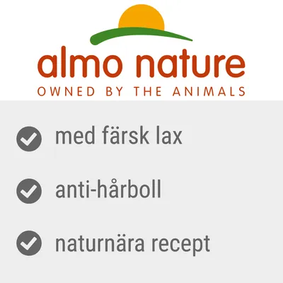 almo nature OWNED BY THE ANIMALS. med färsk lax, anti-hårboll, naturnära recept.
