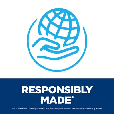 RESPONSIBLY MADE* Felirat, alatta angol nyelvű webcím: https://www.hillspet.co.uk/about-us/sustainability/responsibly-made