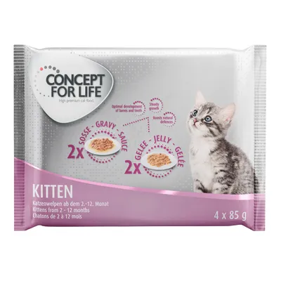 Concept for Life Kitten Nassfutter, 4x85g, geeignet für Katzenwelpen von 2-12 Monaten. Enthält 2x Sosse und 2x Gelee. Fördert Knochenentwicklung, Wachstum und natürliche Abwehrkräfte.