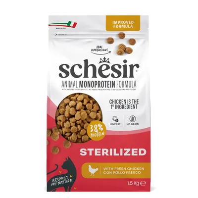 Schesir Animal Monoprotein Formula, izboljšana formula, 38 % beljakovin, piščanec je 1. sestavina, malo maščob, brez žit, za sterilizirane živali, s svežim piščancem, 1,5 kg