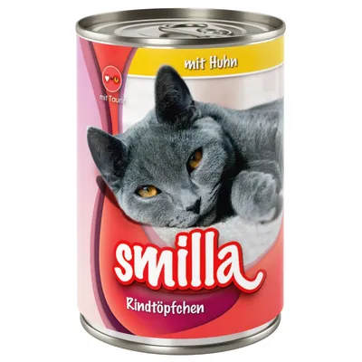 Консерва Smilla Rindtöpfchen за котки, с надпис „mit Huhn“, изображение на сива котка и текст „mit Taurin“ върху опаковката. Текстът е на немски. Консерва Smilla Rindtöpfchen за котки, с надпис „mit Huhn“, изображение на сива котка и текст „mit Taurin“ върху опаковката. Текстът е на немски.