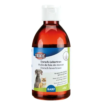 TRIXIE Dorsch-Lebertran, barna műanyag flakon fehér kupakkal, címkén kutya és macska képe, BARF vital felirat, többnyelvű leírás látható.