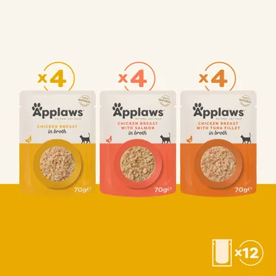 Applaws Natural Cat Food: 4x Chicken Breast in Broth, 4x Chicken Breast with Salmon in Broth, 4x Chicken Breast with Tuna Fillet in Broth, 70g each, 12 pouches in total. Applaws Natural Cat Food: 4x Chicken Breast in Broth, 4x Chicken Breast with Salmon in Broth, 4x Chicken Breast with Tuna Fillet in Broth, 70g each, 12 pouches in total.
