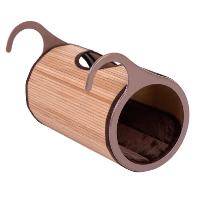 Tunnel cylindrique en bois avec crochets en plastique marron et coussin intérieur en tissu brun, ouverture sur le dessus pour transport ou fixation.