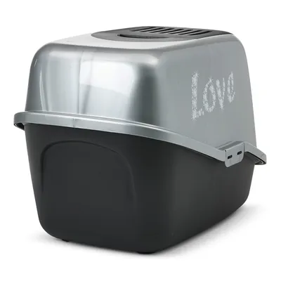 Toilette chiusa per gatti in nero e argento con la scritta 'Love' sulla parte superiore.
