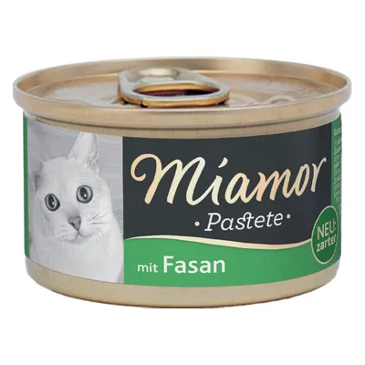 Miamor Pastete -kissanruokapurkki, etiketissä teksti 'mit Fasan', mustavalkoinen kissan kuva ja vihreä merkintä 'NEU: zarter'.