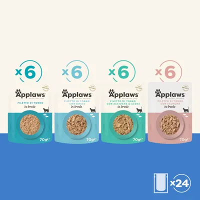 Applaws Cat Natural Selezione di Pesce in Brodo 24 x 70 g - Selezione di Pesce: Tonno, con Salmone, con Acciughe, con Orata Applaws Cat Natural Selezione di Pesce in Brodo 24 x 70 g - Selezione di Pesce: Tonno, con Salmone, con Acciughe, con Orata