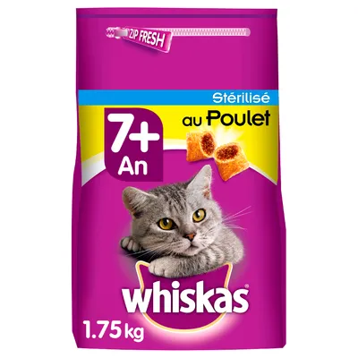 whiskas 1,75 kg kattemad, 7+ An, Stérilisé au Poulet, billede af grå kat og foderstykker, ZIP FRESH synlig på posen