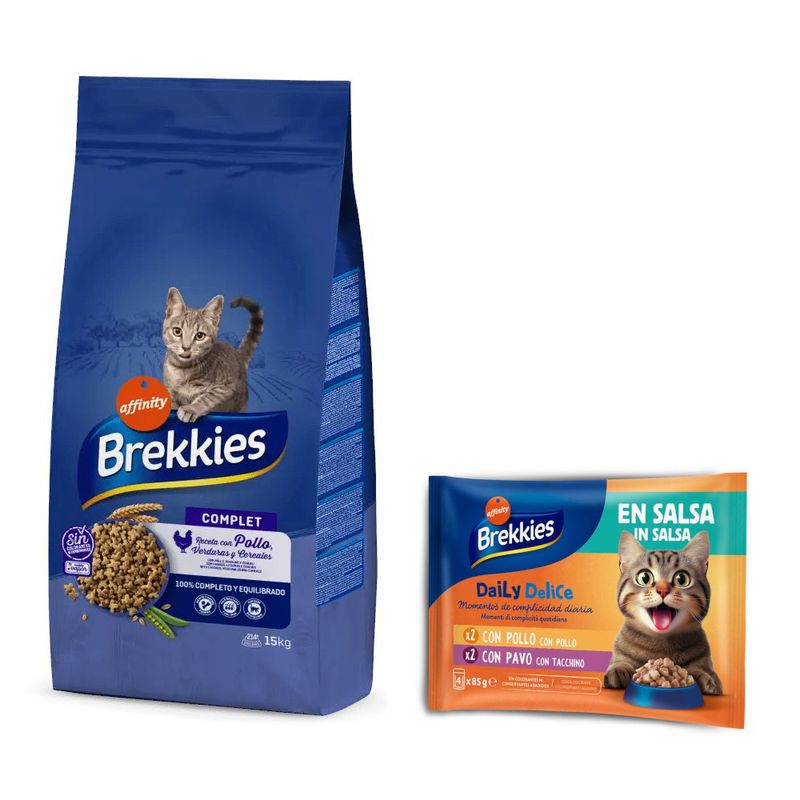 Brekkies 15 kg pienso para gatos + Daily Delice 8 x 85 g ¡gratis!