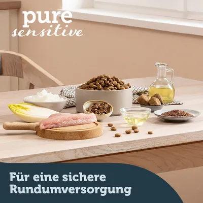 pure sensitive. Zutaten: Hühnerfilet, Chicorée, Reis, Leinsamen, Öl und Trockenfutter. Text: Für eine sichere Rundumversorgung.