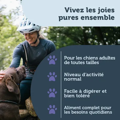 Vivez les joies pures ensemble. Pour les chiens adultes de toutes tailles, niveau d’activité normal, facile à digérer et bien toléré, aliment complet pour les besoins quotidiens.