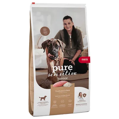 Mera pure sensitive junior Truthahn & Reis. Ideal für sensible Hunde. Made in Germany. Mit Tierärztin entwickelt.