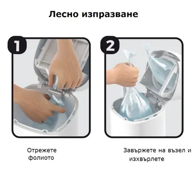 Инструкции за лесно изпразване: 1. Отрежете фолиото, 2. Завържете на възел и изхвърлете. Показани са ръце, които режат и завързват плик във вътрешността на контейнер.