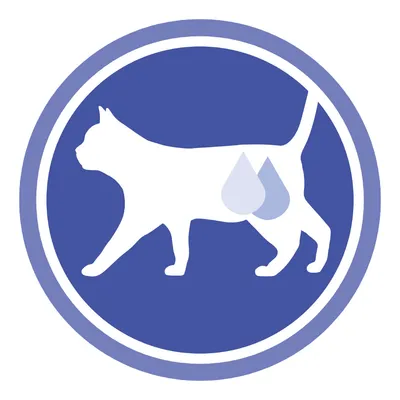 White cat silhouette with two water droplet icons on body, inside a blue circle. No text visible.