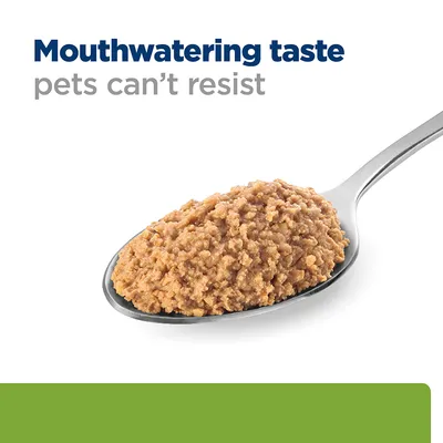 Spoonful of pet food with the text 'Mouthwatering taste pets can't resist' shown above.