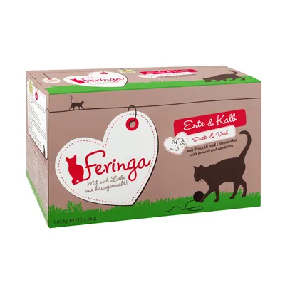 Caja de Feringa Ente & Kalb (Duck & Veal) con brócoli y diente de león, 1,02 kg (12 x 85 g). Texto en alemán e inglés visible en el envase.