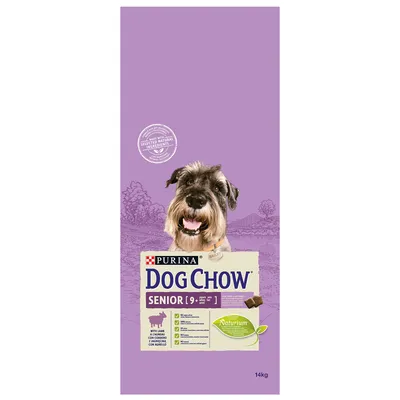 PURINA Dog Chow Senior 9+ med lam, Naturium, 14 kg. Tekst: With selected natural ingredients. Billede af hund på forsiden af posen.