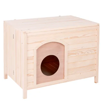 Niche rectangulaire en bois clair avec entrée ronde sur la face avant, sans marque visible ni accessoires.