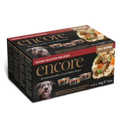 Multipack de pollo Encore, 5 latas de 156 g. Texto visible: '100% natural', 'the natural goodness of real chicken breast', imagen de perro y comida en el envase.