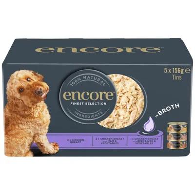 Encore Finest Selection, 100% naturlige ingredienser. 5 x 156g dåser: 2x kyllingebryst, 2x kyllingebryst med skinke og grøntsager, 1x kyllingebryst med okselever og grøntsager i bouillon.