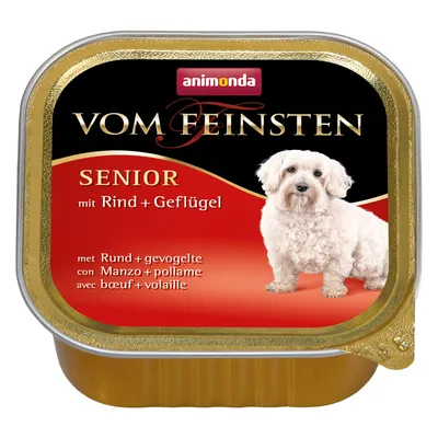animonda Vom Feinsten SENIOR mit Rind + Geflügel. Упаковка влажного корма для собак с изображением белой собаки. Текст на немецком, французском, итальянском и нидерландском языках.