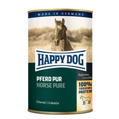Happy Dog Pferd Pur Horse Pure konzerv, Supreme Sensible, 100% tierisches Protein, Made in Germany felirattal, ló képe a címkén