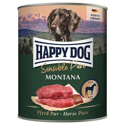 Happy Dog Sensible Pure Montana, čisté konské mäso. Vyrobené v Nemecku. Zobrazenie surového konského mäsa a loga s konským symbolom.