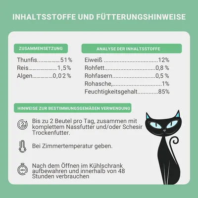 Sestavine: tuna 51%, riž 1,5%, alge 0,02%. Analiza: beljakovine 12%, surove maščobe 0,8%, surove vlaknine 0,5%, surovi pepel 1%, vlaga 85%. Navodila: do 2 vrečki na dan, ponudite pri sobni temperaturi.