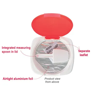 Open container with red lid showing integrated measuring spoon, airtight aluminium foil seal, separate leaflet labelled 'beaphar Lactol', and product view from above. Text annotations included.