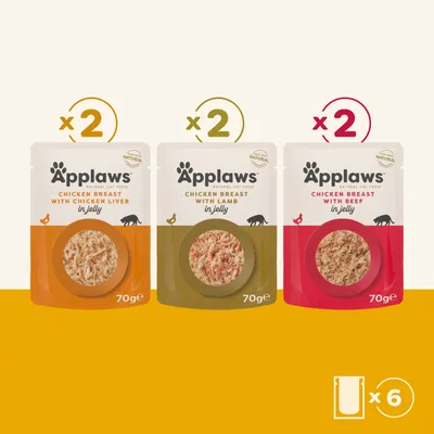Applaws Natural Cat Food: 2x Chicken Breast with Chicken Liver, 2x Chicken Breast with Lamb, 2x Chicken Breast with Beef, each 70g pouch, 6 pieces in total. Applaws Natural Cat Food: 2x Chicken Breast with Chicken Liver, 2x Chicken Breast with Lamb, 2x Chicken Breast with Beef, each 70g pouch, 6 pieces in total.