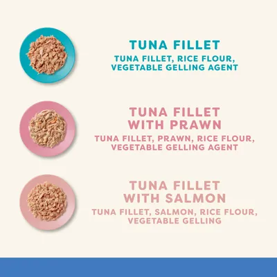 Ingredients overview: Tuna fillet with rice flour and plant-based gelling agent, tuna fillet with shrimp, tuna fillet with salmon. Ingredients listed individually for each variety. Ingredients overview: Tuna fillet with rice flour and plant-based gelling agent, tuna fillet with shrimp, tuna fillet with salmon. Ingredients listed individually for each variety.