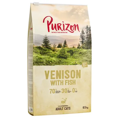 Purizon Venison with Fish dry food for adult cats, 70% animal ingredients, 30% fruit and herbs, 0% added grain, 6.5kg bag.