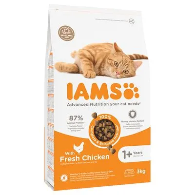 IAMS kattenvoer met verse kip, 87% dierlijk eiwit, geschikt voor katten vanaf 1 jaar, 3 kg zak. Tekst: Advanced Nutrition your cat needs, 100% Complete & Balanced Nutrition.