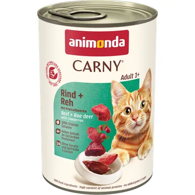 animonda Carny Adult 1+ Nauta + Peura karpaloilla. 100 % tuoreita ainesosia, korkea eläinproteiinipitoisuus, ilman lisättyä viljaa ja sokeria. animonda Carny Adult 1+ Nauta + Peura karpaloilla. 100 % tuoreita ainesosia, korkea eläinproteiinipitoisuus, ilman lisättyä viljaa ja sokeria.