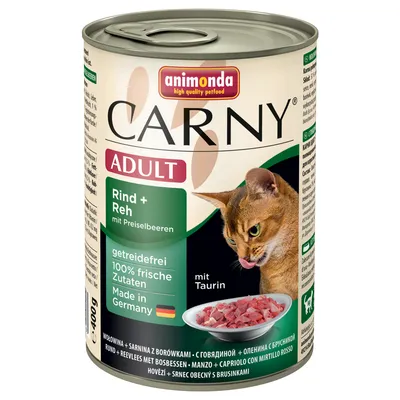animonda Carny ADULT Rind + Reh mit Preiselbeeren, getreidefrei, 100% frische Zutaten, Made in Germany, mit Taurin, dåse 400 g. Billede af kød i skål og kat.