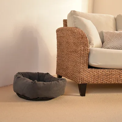 Graues, rundes Haustierbett aus Stoff neben einem geflochtenen Sofa mit beigen Kissen in einer Wohnzimmerecke.