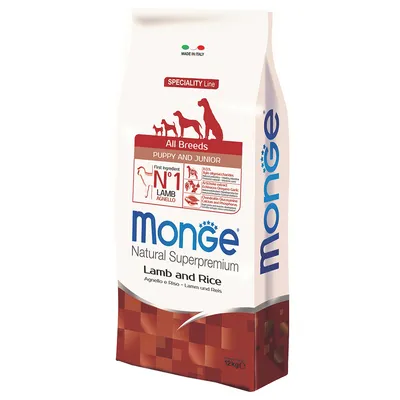 Monge Natural Superpremium Lam en Rijst, speciaalvoer voor puppy's en jonge honden van alle rassen. Hoofdingrediënt lam. Made in Italy. Verpakkingsgrootte 12kg.
