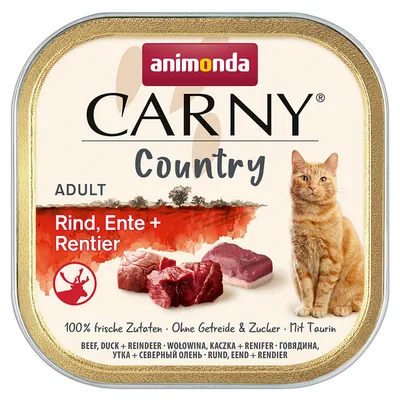 animonda Carny Country Adult Rind, Ente + Rentier. Говеждо, патица и северен елен. Изображение на котка и парчета месо. 100% пресни съставки, без зърнени и захар, с таурин.