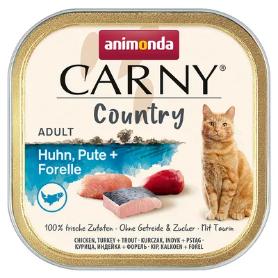 Опаковка Animonda Carny Country Adult с изображение на котка, парчета пиле, пуешко и пъстърва. Текст: Huhn, Pute + Forelle. 100% пресни съставки, без зърно и захар.