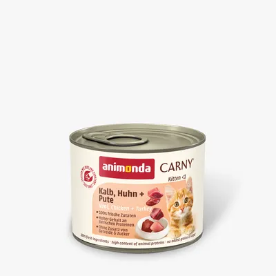 animonda CARNY Vasikka, Kana + Kalkkuna Kitten <1. 100 % tuoreita ainesosia, korkea eläinproteiinipitoisuus, ilman lisättyä viljaa ja sokeria. animonda CARNY Vasikka, Kana + Kalkkuna Kitten <1. 100 % tuoreita ainesosia, korkea eläinproteiinipitoisuus, ilman lisättyä viljaa ja sokeria.