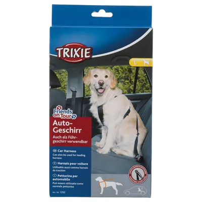 Trixie car harness, also usable as a walking harness. Size L. Friends on Tour series. Illustration shows harness on dog and seat belt in car.