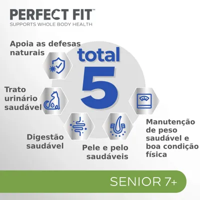 PERFECT FIT total 5. Apoia as defesas naturais, trato urinário saudável, digestão saudável, pele e pelo saudáveis, manutenção de peso saudável e boa condição física. SENIOR 7+.