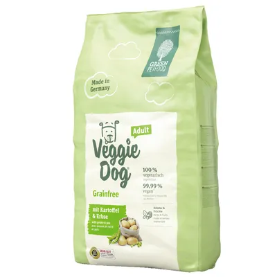 Veggie Dog Adult Grainfree, Green Petfood, Made in Germany, 100 % vegetarisch, 99,99 % vegan, mit Kartoffel & Erbse, Sehr Gut DLG, billede af kartofler og ærter på posen