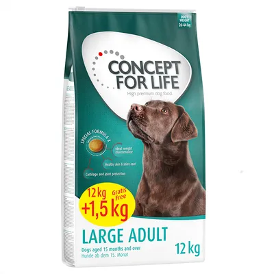 Concept for Life Large Adult, 12kg plus 1.5kg free. Special formula: ideal weight maintenance, healthy skin and shiny coat, cartilage and joint protection. For dogs aged 15 months and over.