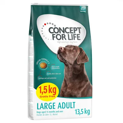 Concept for Life Large Adult kutyatáp, 13,5 kg csomag 1,5 kg ajándékkal. 15 hónaposnál idősebb, 26-44 kg-os kutyáknak. Speciális formula testsúlymegőrzéshez, bőr- és ízületvédelemhez.